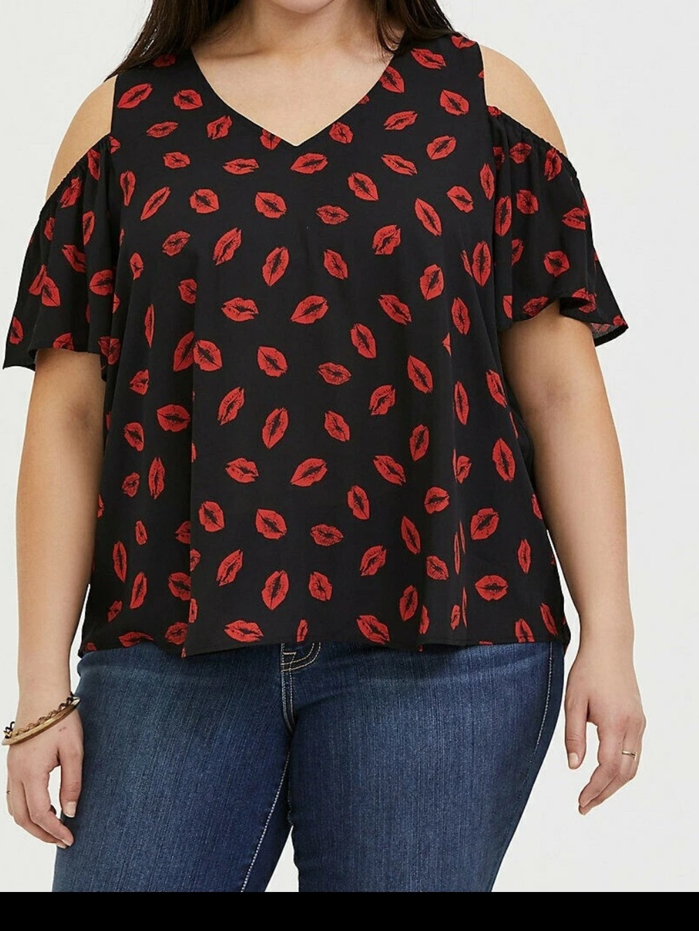 Torrid Black Red Lips Cold Shoulder Chiffon Blouse Size 00